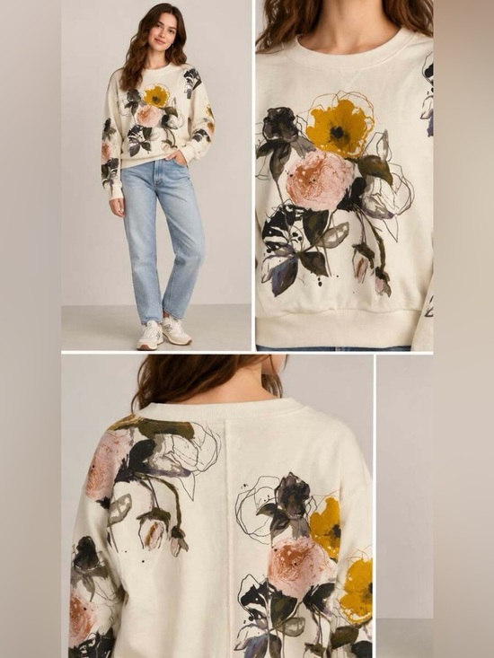 Pilcro Sweaters - Pilcro - Anthropologie The Niki Bubble Cream Floral Sweatshirt Women's Size L